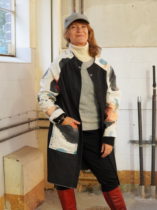 Add new design - Skjortrock: Originalmålad textil + svart denim